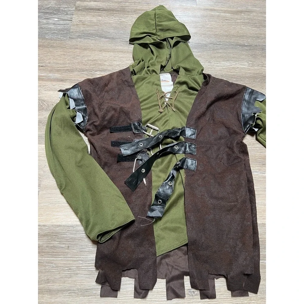 Robin Hood Costume Youth Large Medieval Archer Forest Tunic Hood Vest Distressed